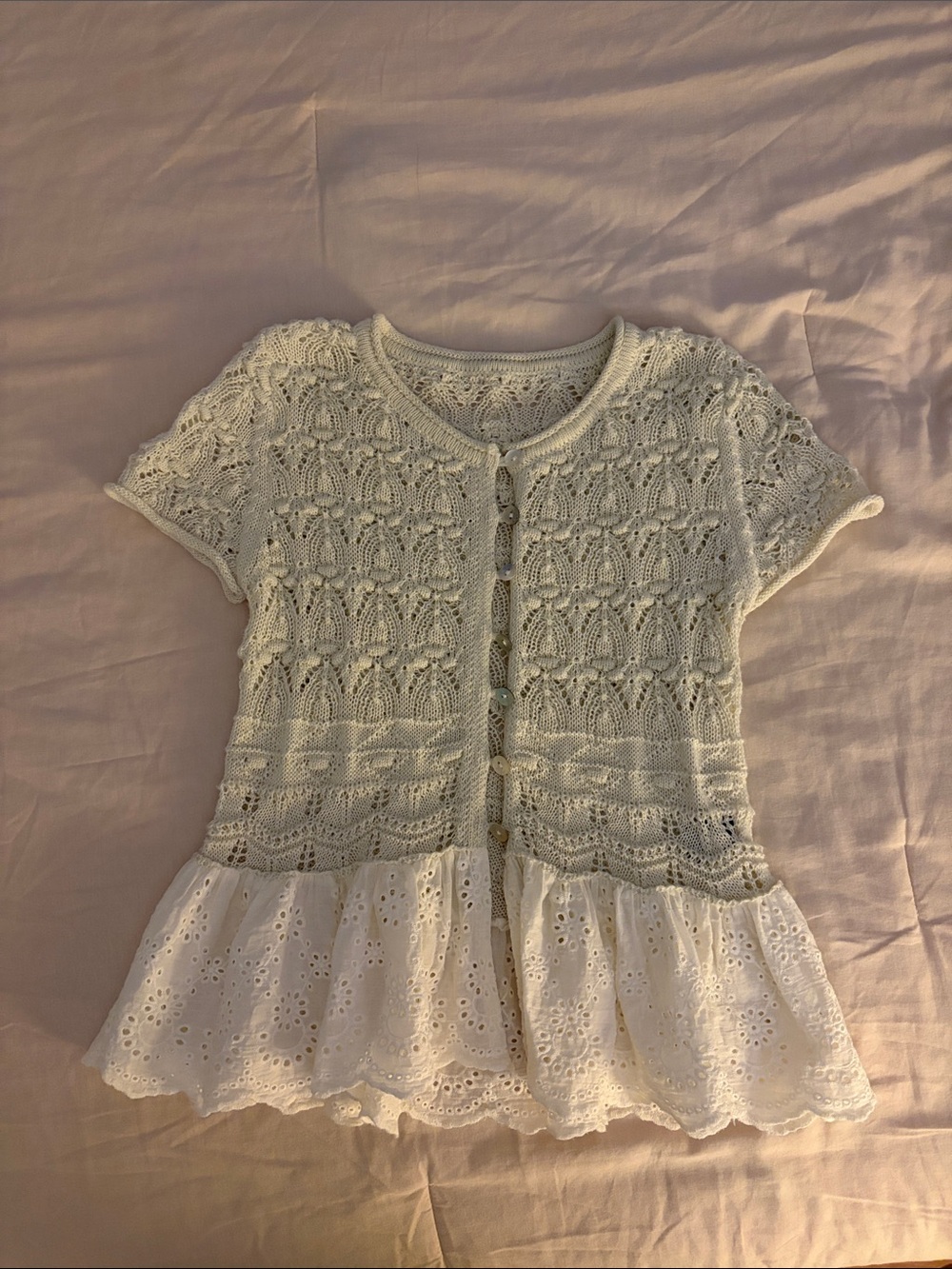 Women’s Cream Crochet Knit Button-Front Top with Eyelet Ruffle